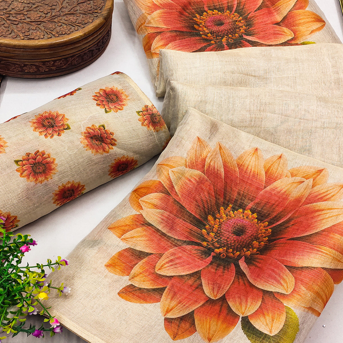 Light Chikoo Floral Printed Art Silk Saree