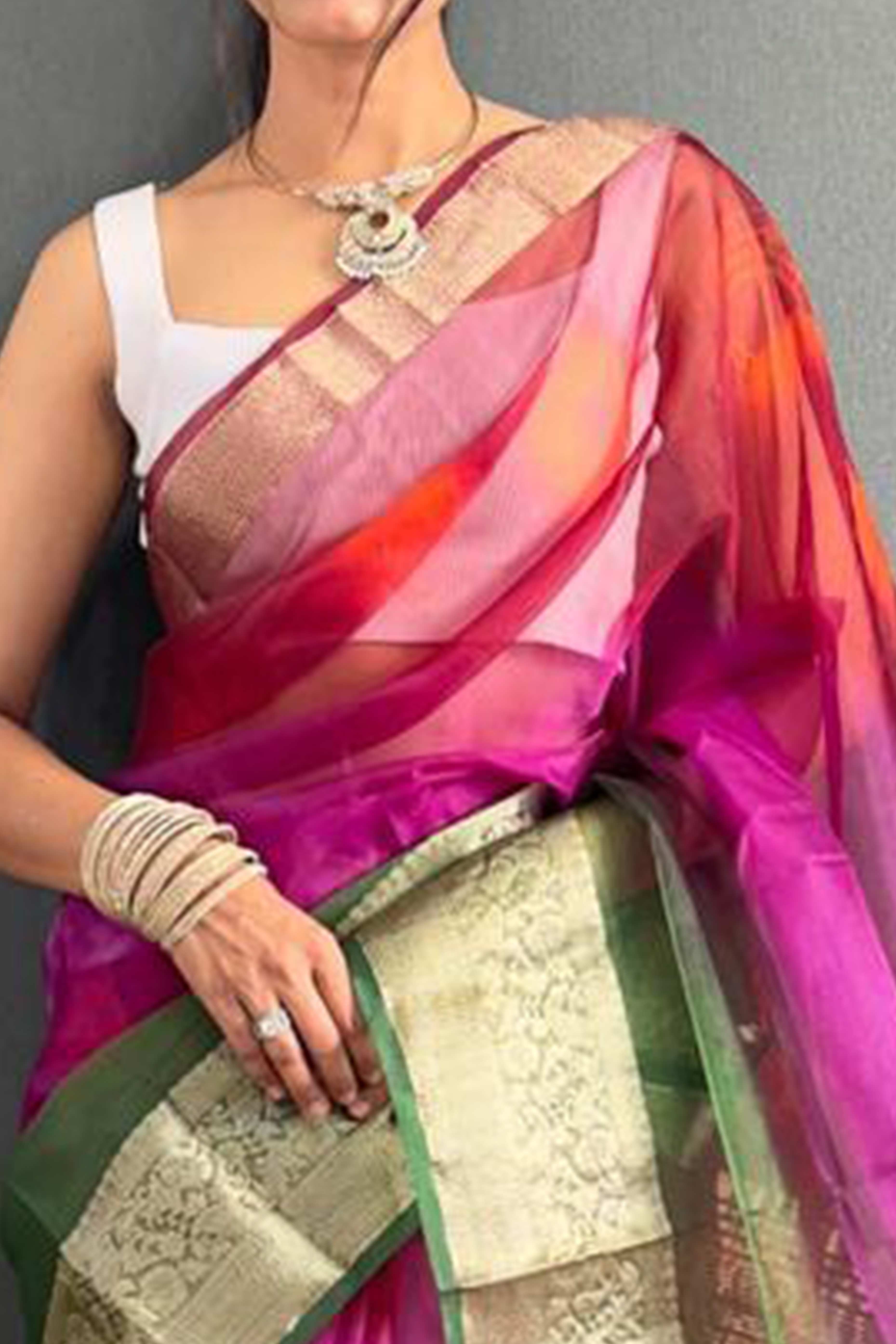 Multicolor Ombre Zari Woven Organza Saree