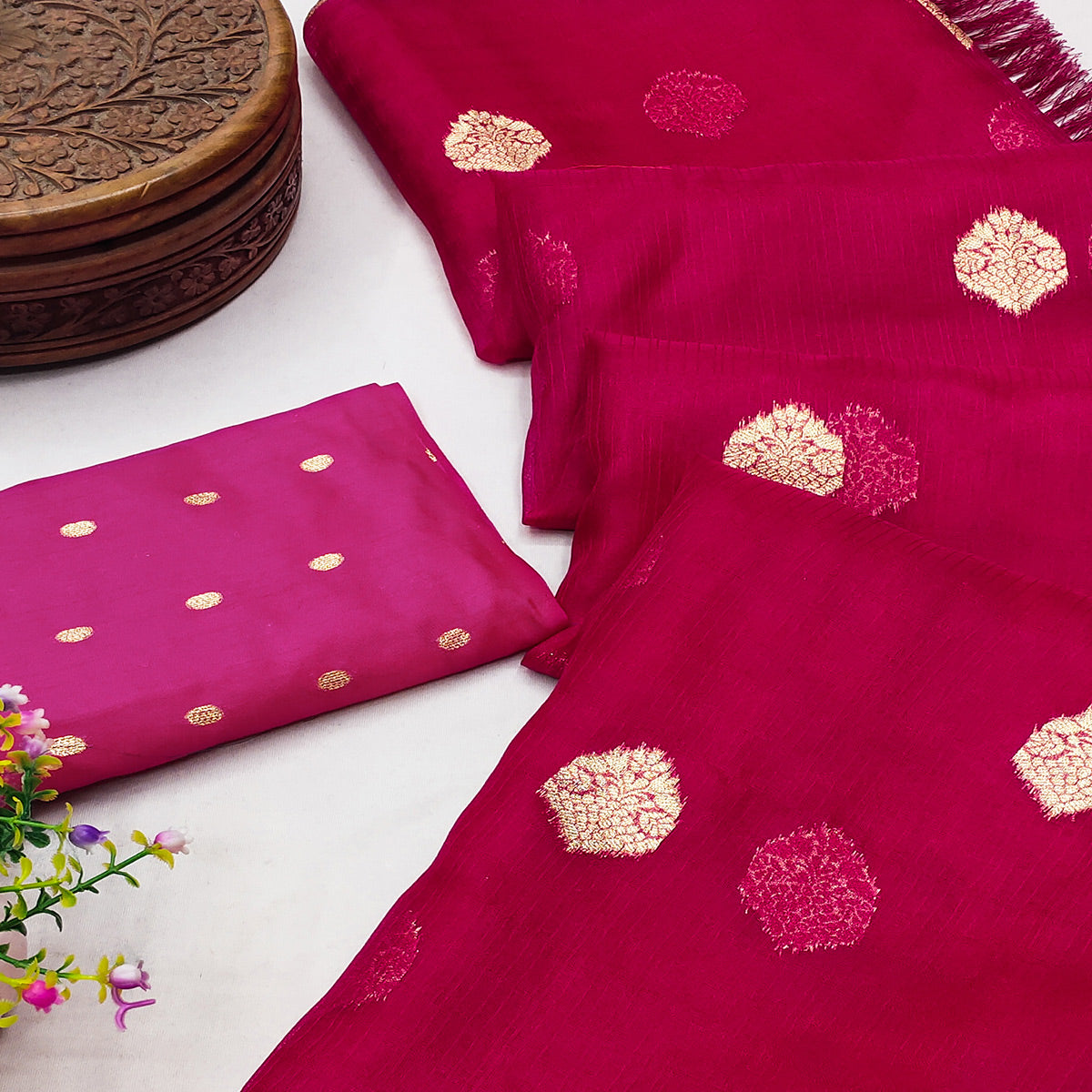 Pink Floral Woven Organza Saree With Tassels
