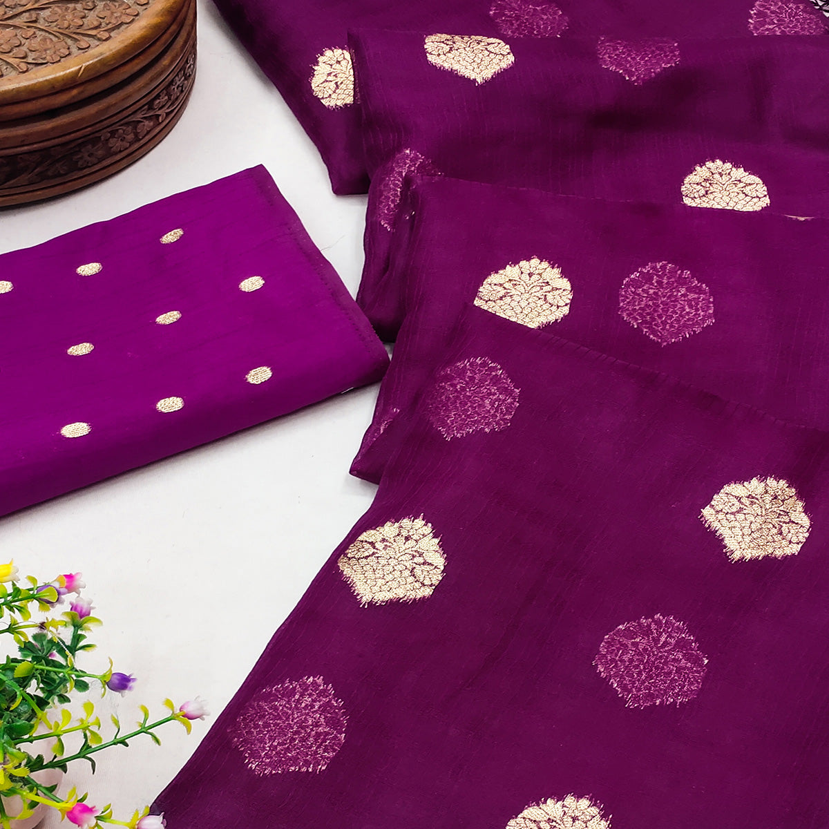 Purple Floral Woven Organza Saree With Tassels