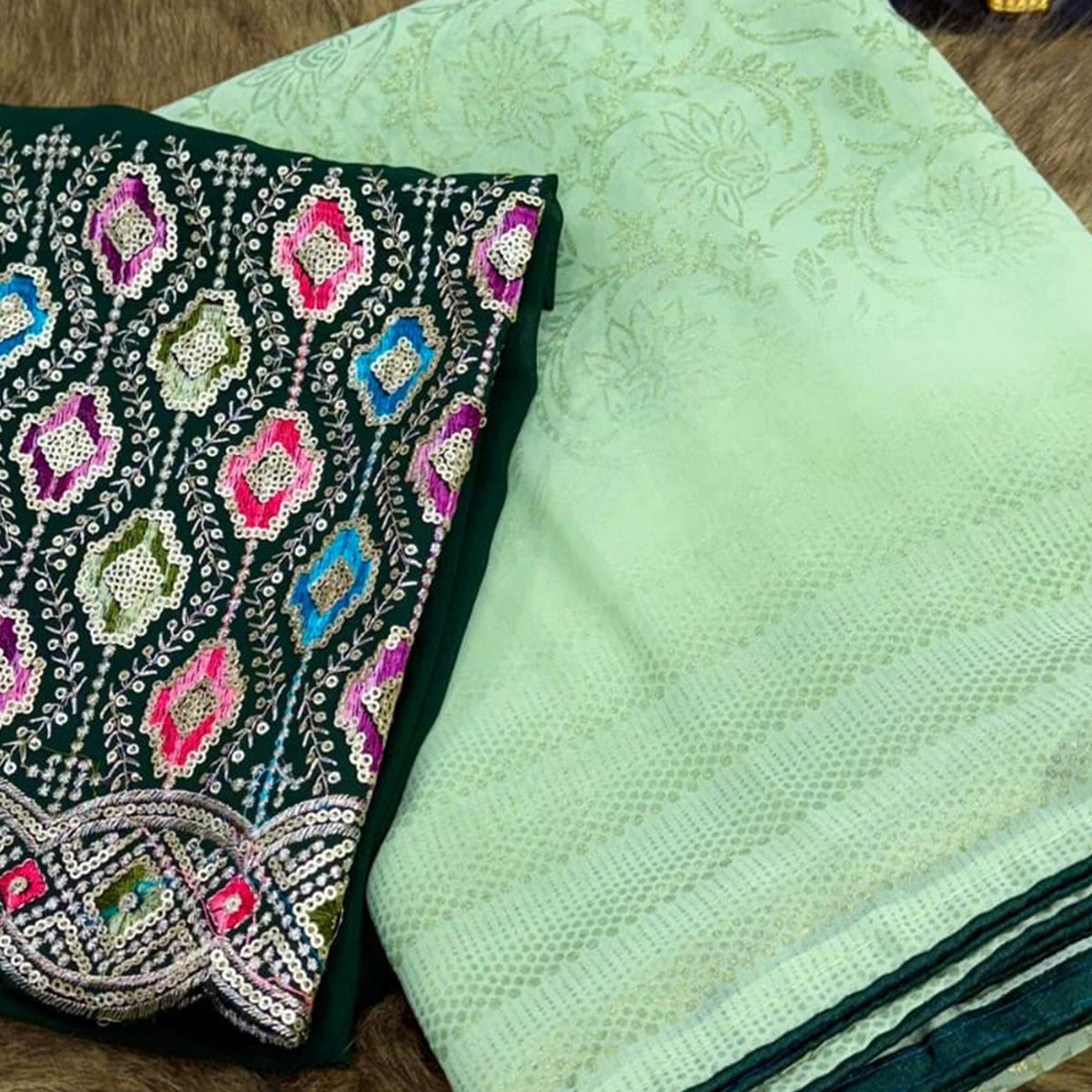 Green Floral Printed Georgette Saree