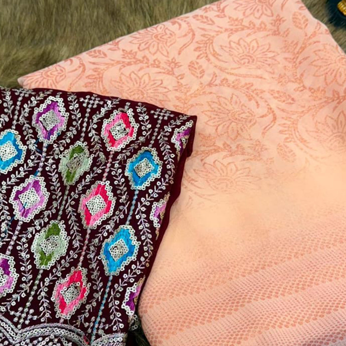 Light Peach Floral Printed Georgette Saree