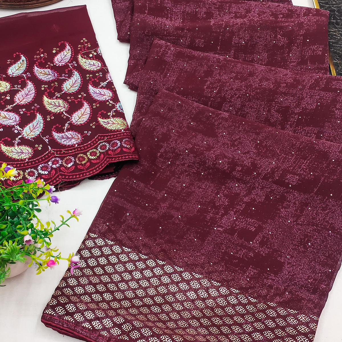 Maroon Abstract Printed Georgette Saree