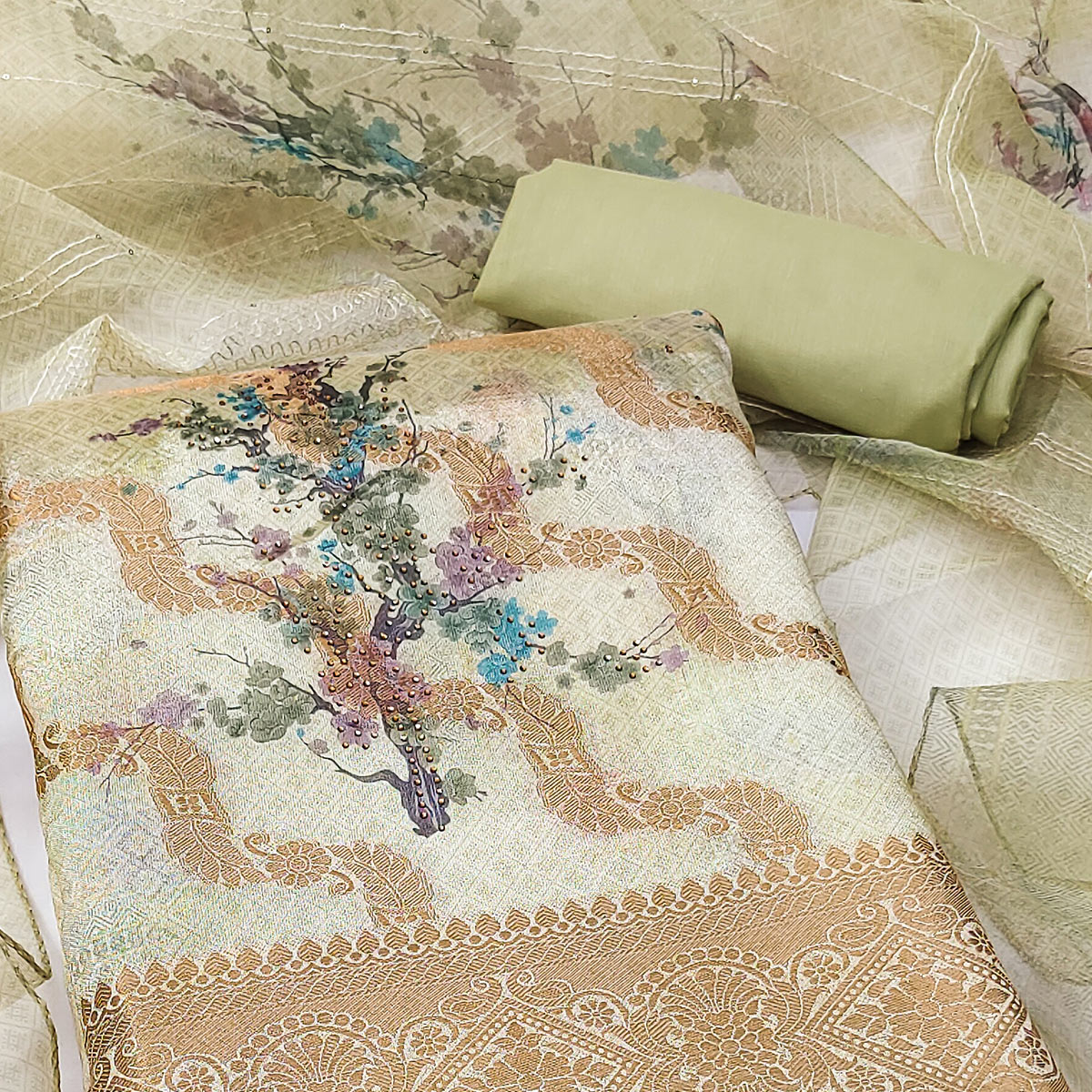 Light Green Woven With Digital Printed Organza Dress Material