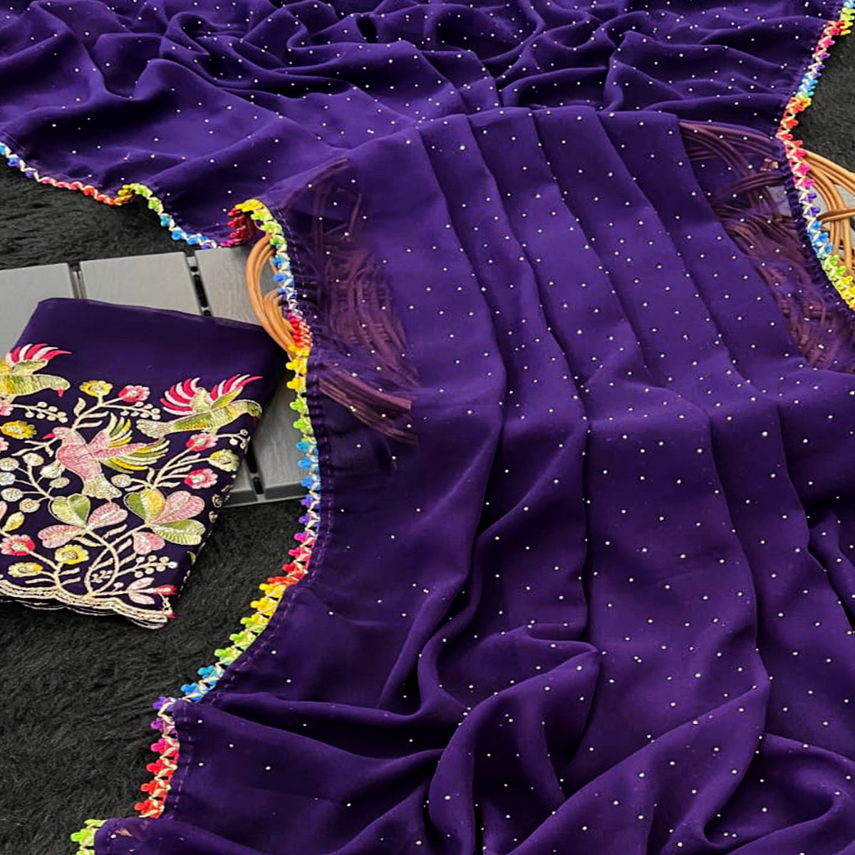 Purple Swarovski Work Embroidered Georgette Saree
