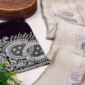 Beige Mirror Work Embroidered Chiffon Saree