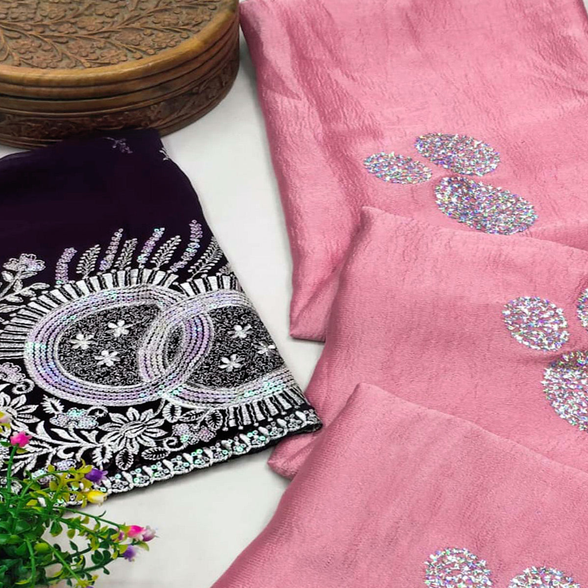 Pink Mirror Work Embroidered Chiffon Saree