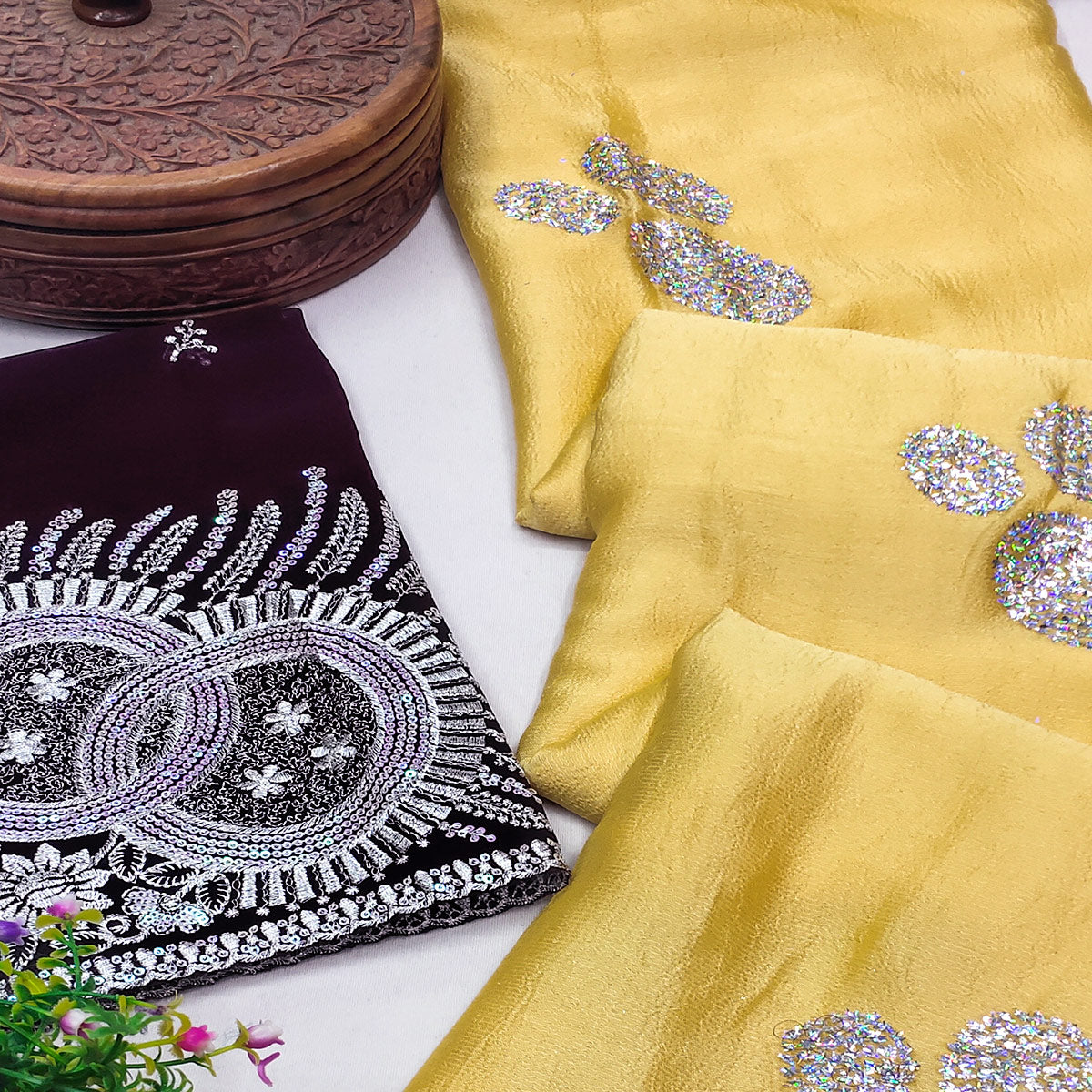 Yellow Mirror Work Embroidered Chiffon Saree