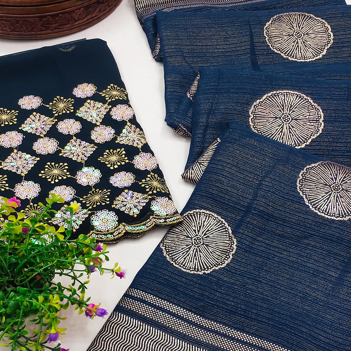 Teal Foil Printed Georgette Saree