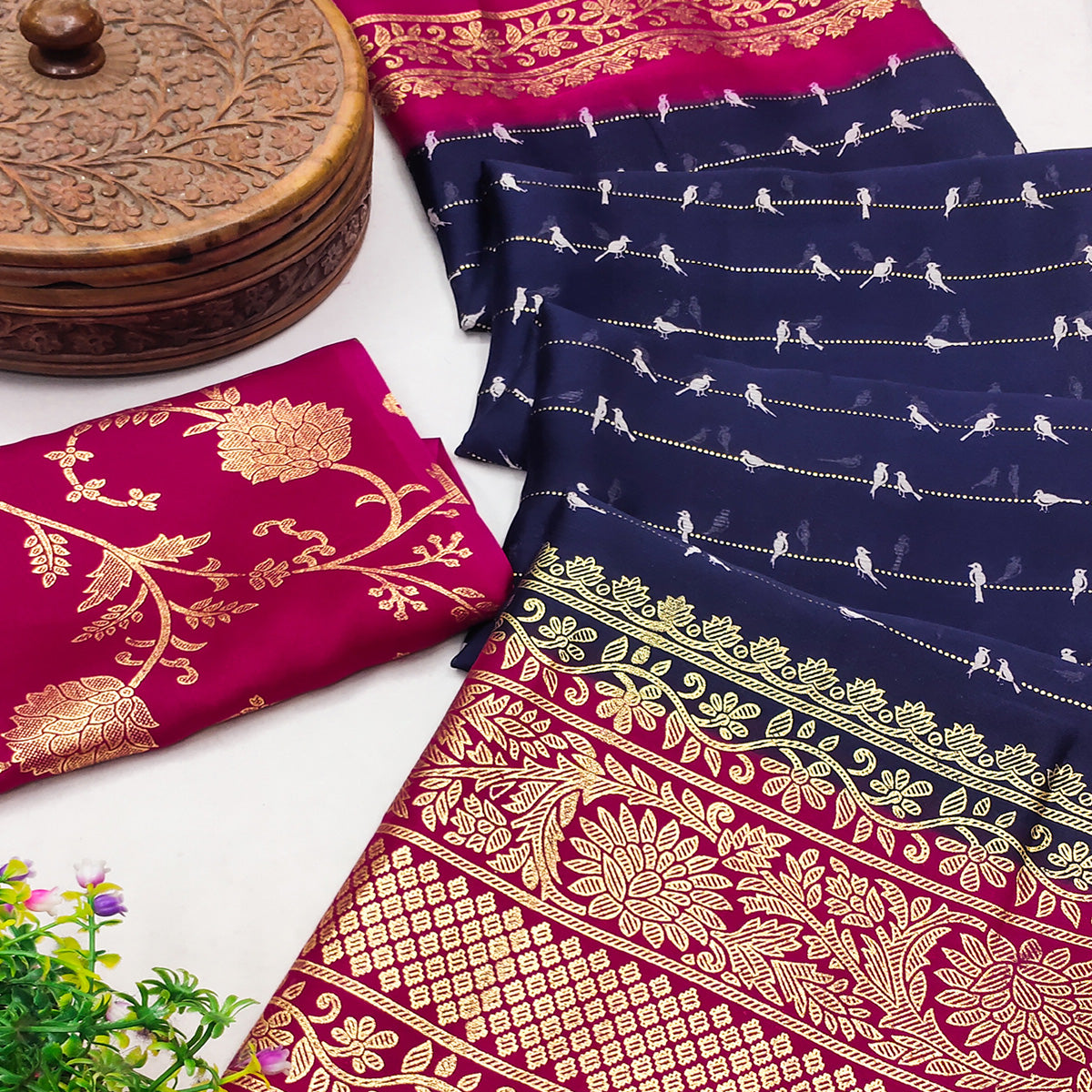 Navy Blue Floral Printed Georgette Saree