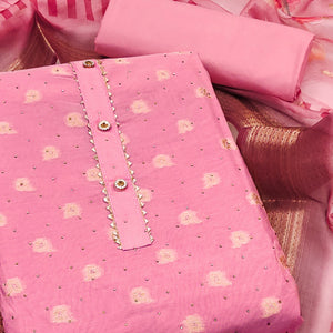 Gajari Pink Woven With Swarovski Work Banarasi Silk Dress Material