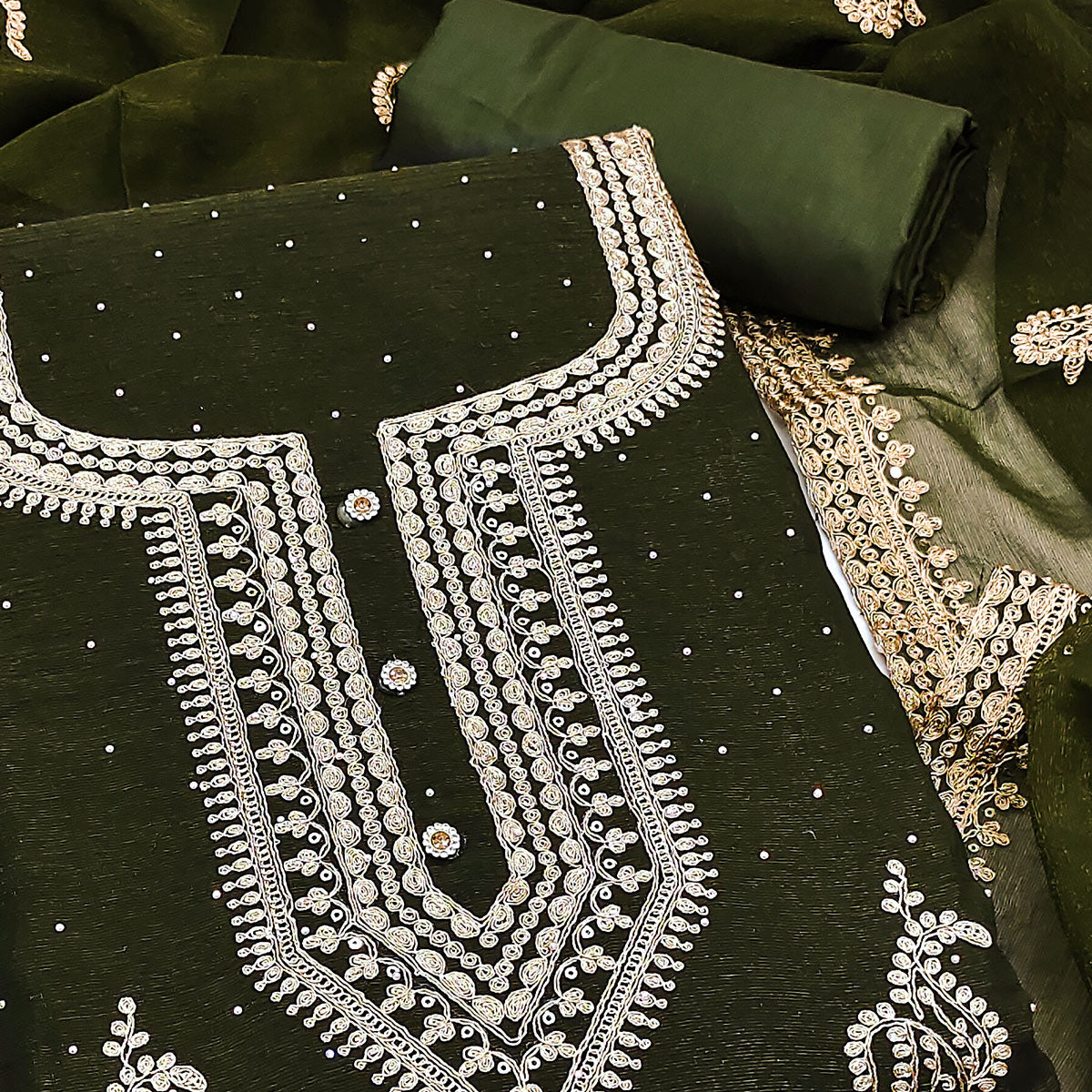 Mehendi Green Floral Embroidery With Swarovski Work Georgette Dress Material