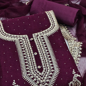 Wine Floral Embroidery With Swarovski Work Georgette Dress Material