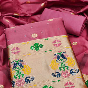 Gajari Pink Floral Woven With Swarovski Work Banarasi Silk Dress Material