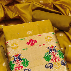 Mustard Floral Woven With Swarovski Work Banarasi Silk Dress Material