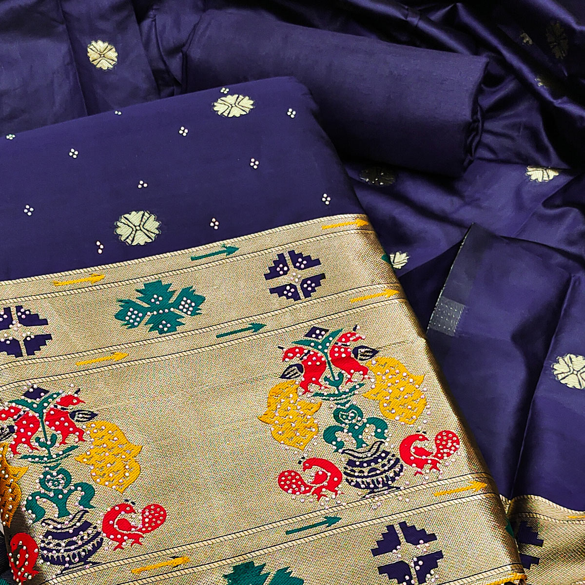 Navy Blue Floral Woven With Swarovski Work Banarasi Silk Dress Material