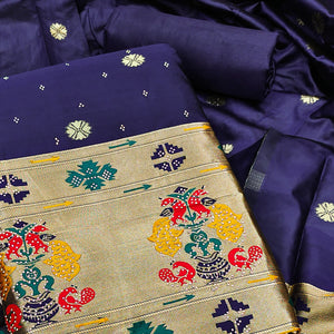 Navy Blue Floral Woven With Swarovski Work Banarasi Silk Dress Material