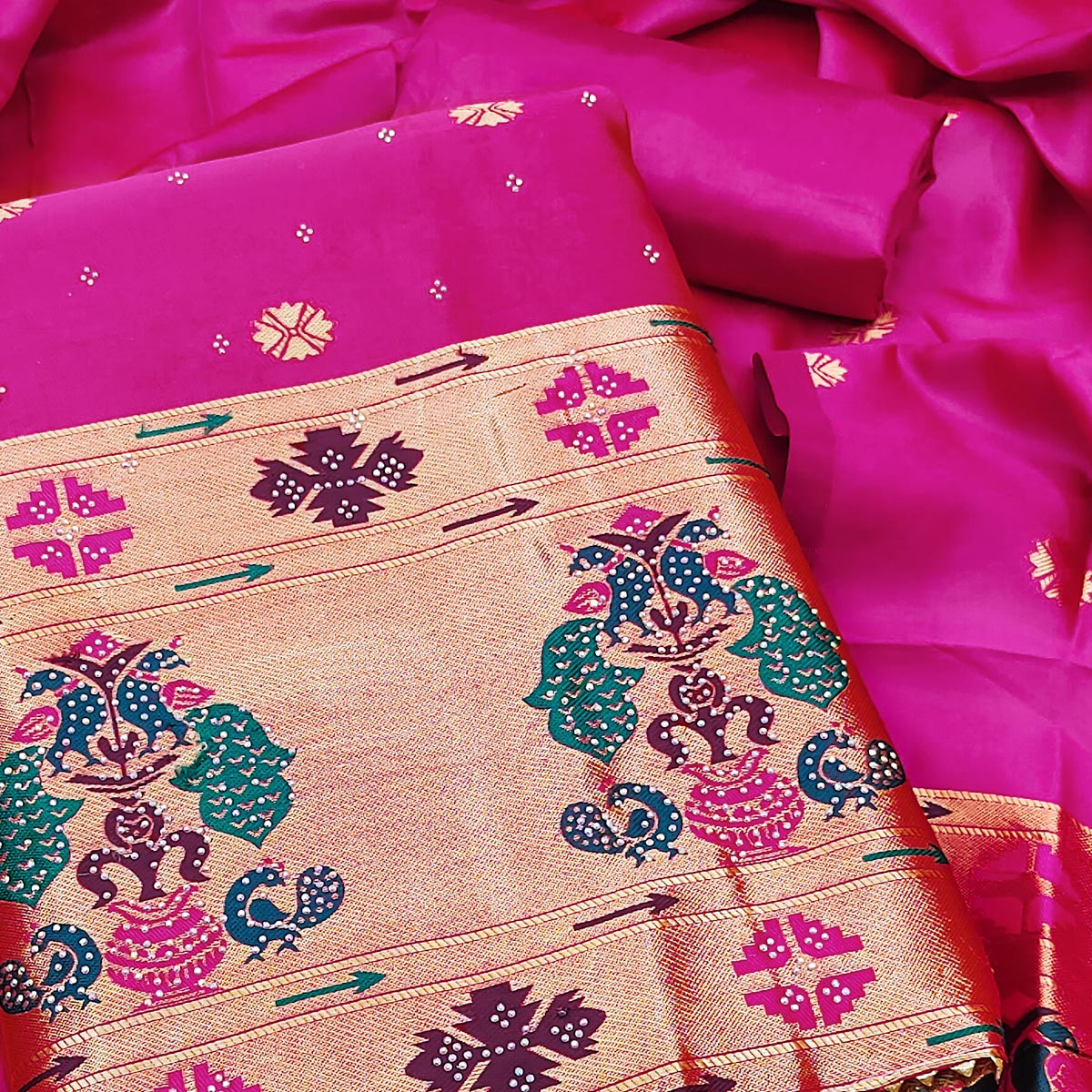 Pink Floral Woven With Swarovski Work Banarasi Silk Dress Material