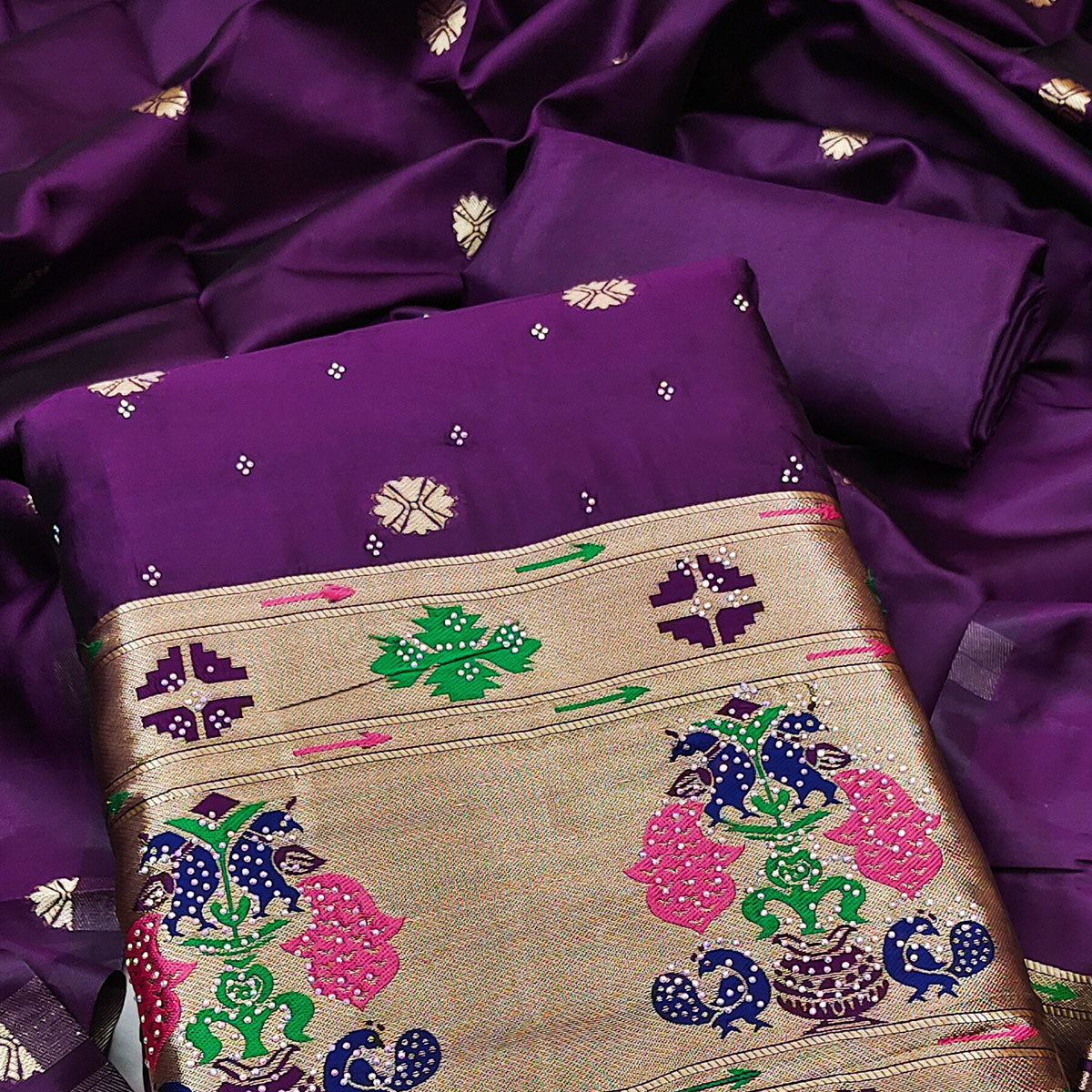Purple Floral Woven With Swarovski Work Banarasi Silk Dress Material