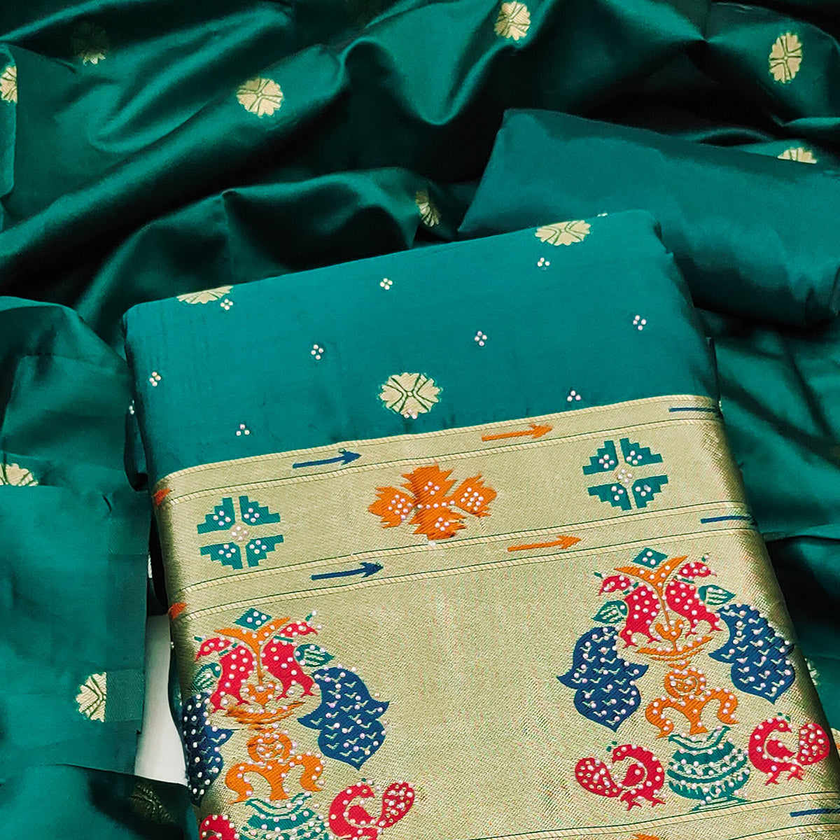 Rama Green Floral Woven With Swarovski Work Banarasi Silk Dress Material