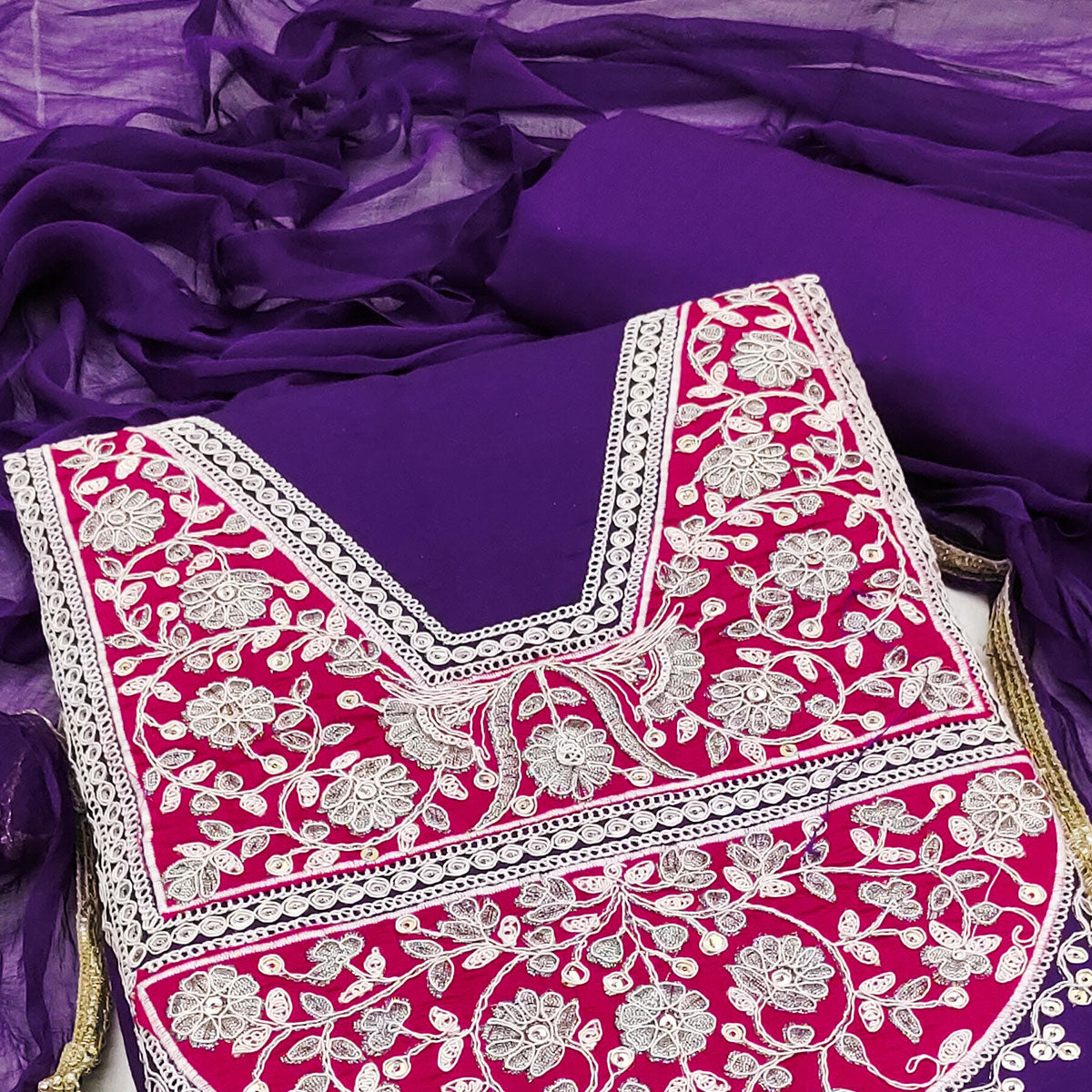 Violet Floral Sequins Embroidered Viscose Dress Material