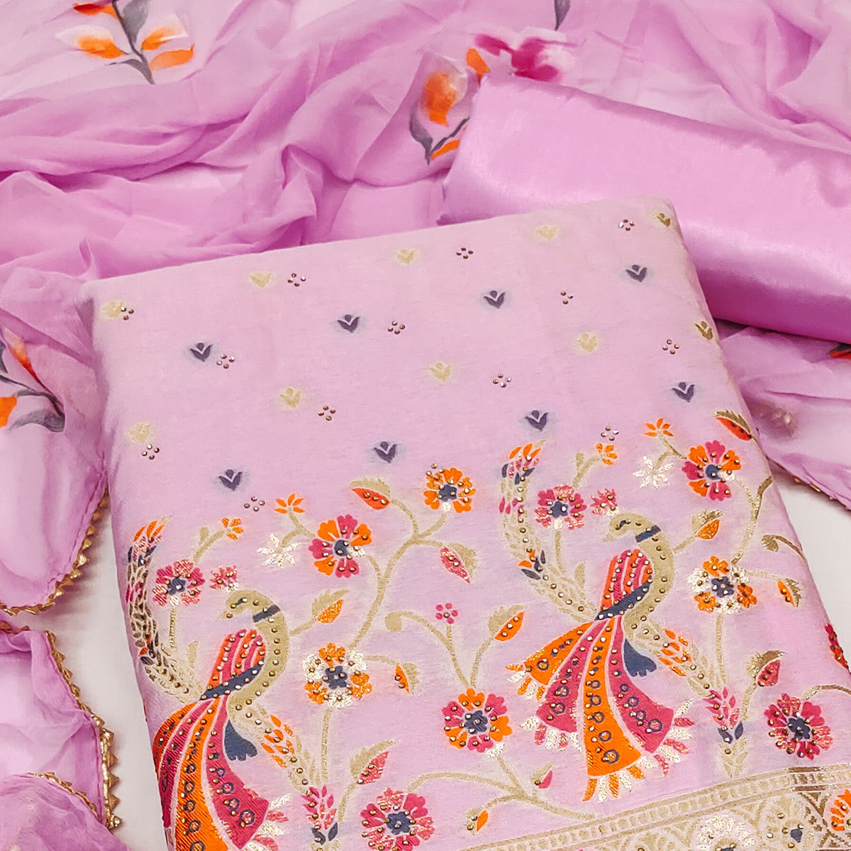 Pink Floral Woven With Swarovski Work Banarasi Silk Dress Material
