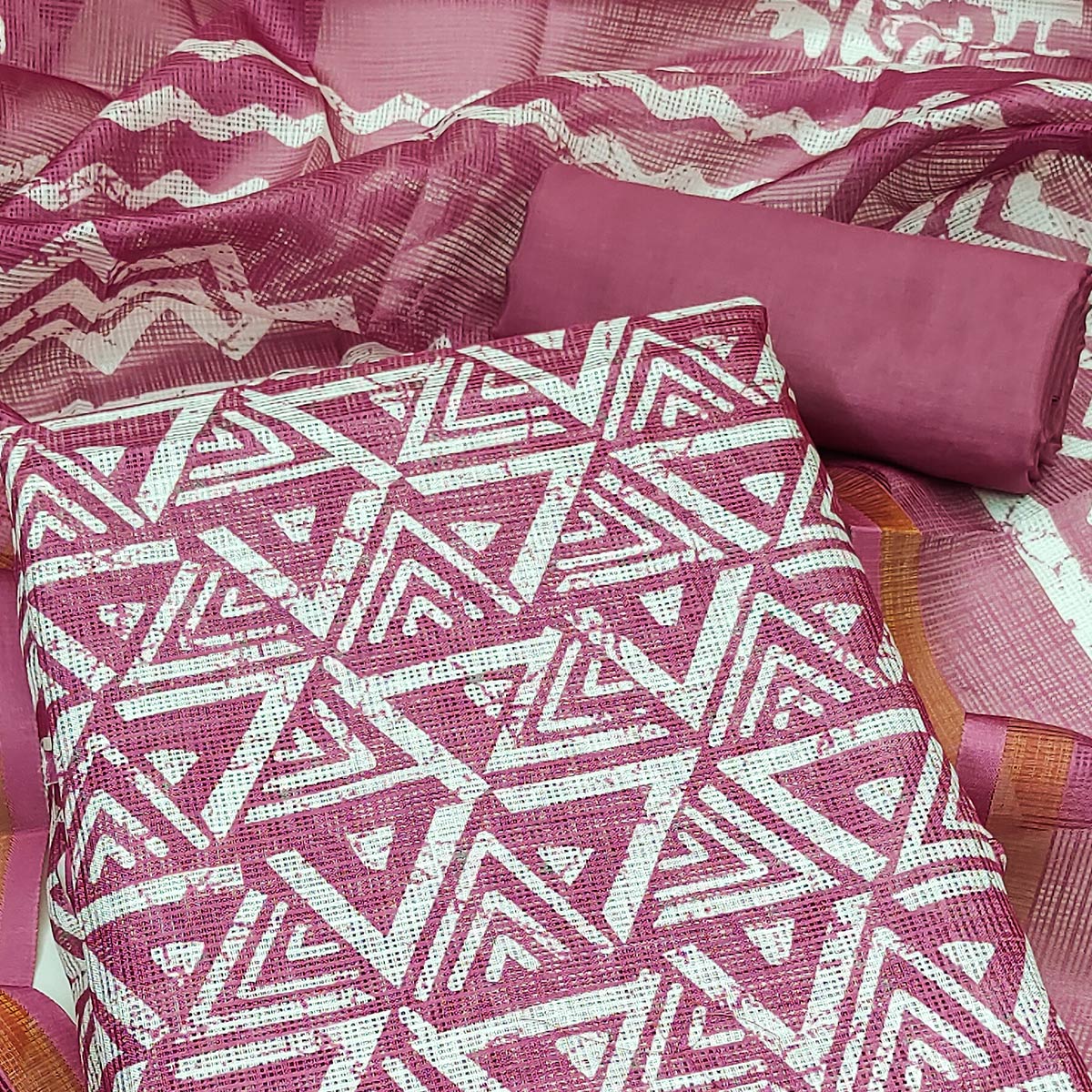 Mauve Geometric Printed Kota Doria Dress Material