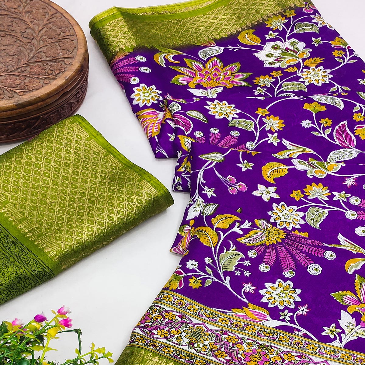 Purple Floral Printed Art Silk Saree With Woven Border