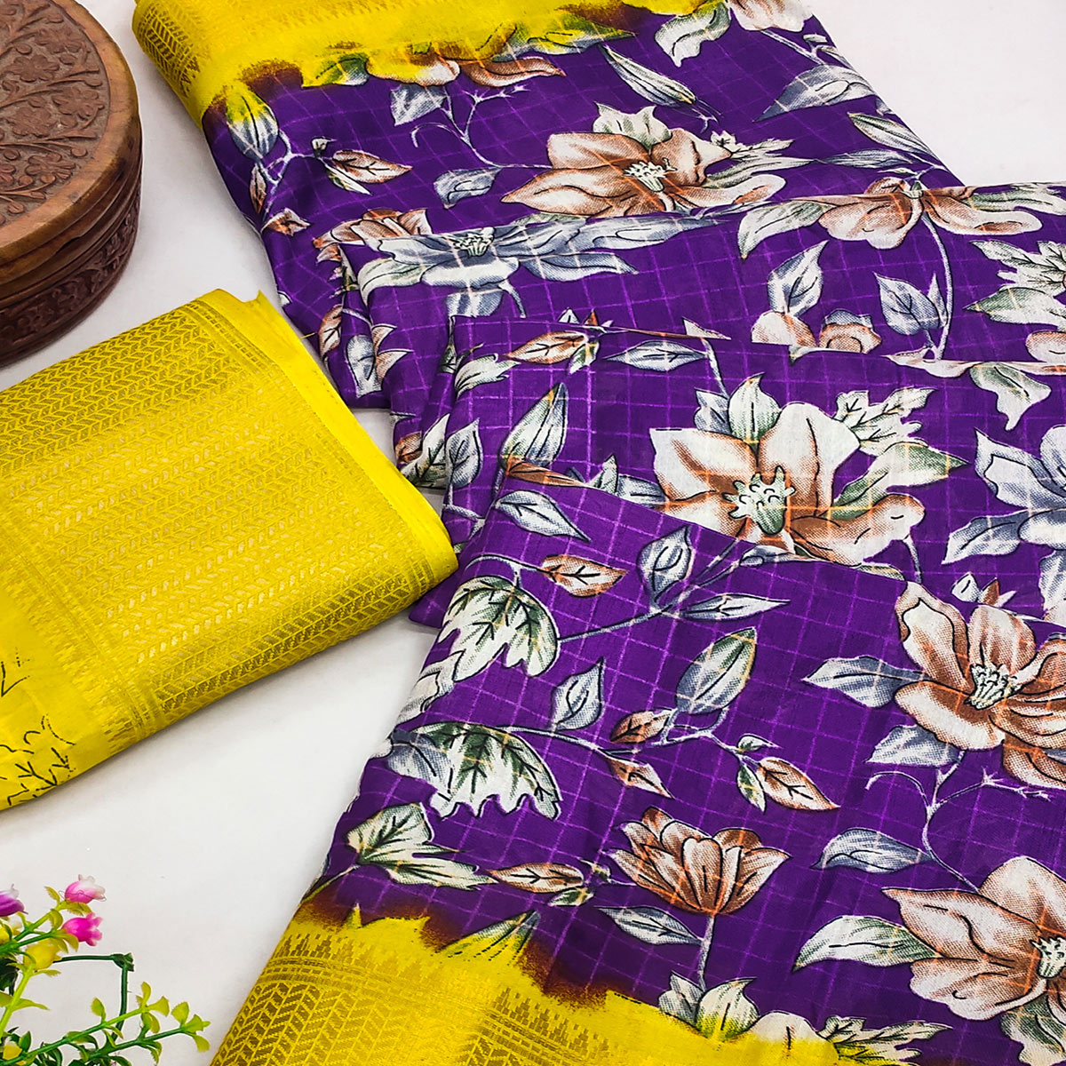 Purple Floral Printed Art Silk Saree With Woven Border