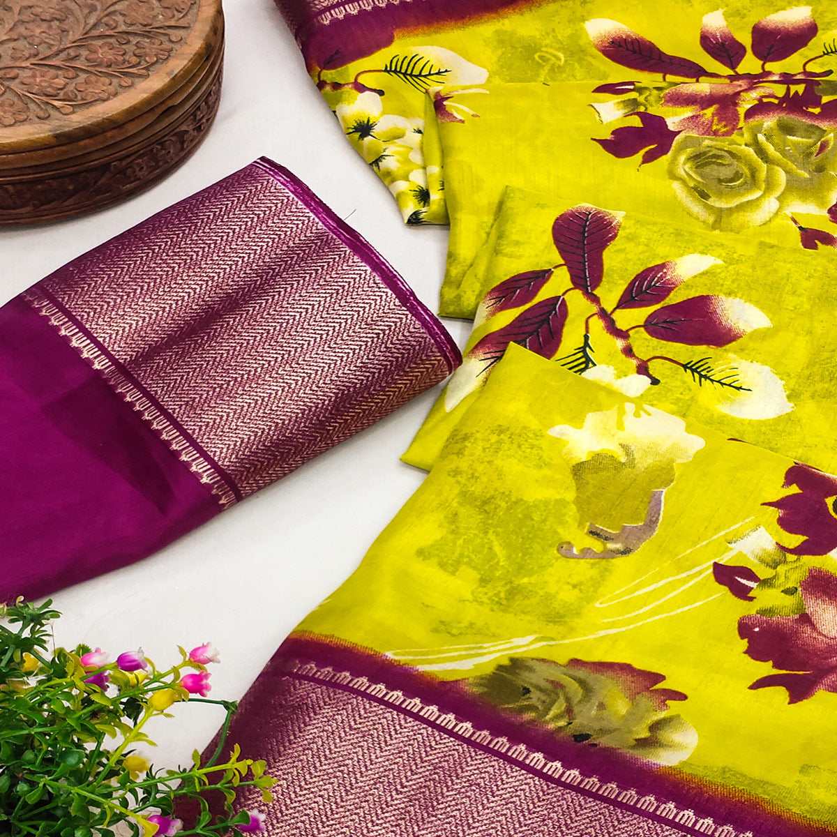 Green Floral Printed Art Silk Saree With Woven Border