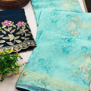 Blue Floral Printed Georgette Saree