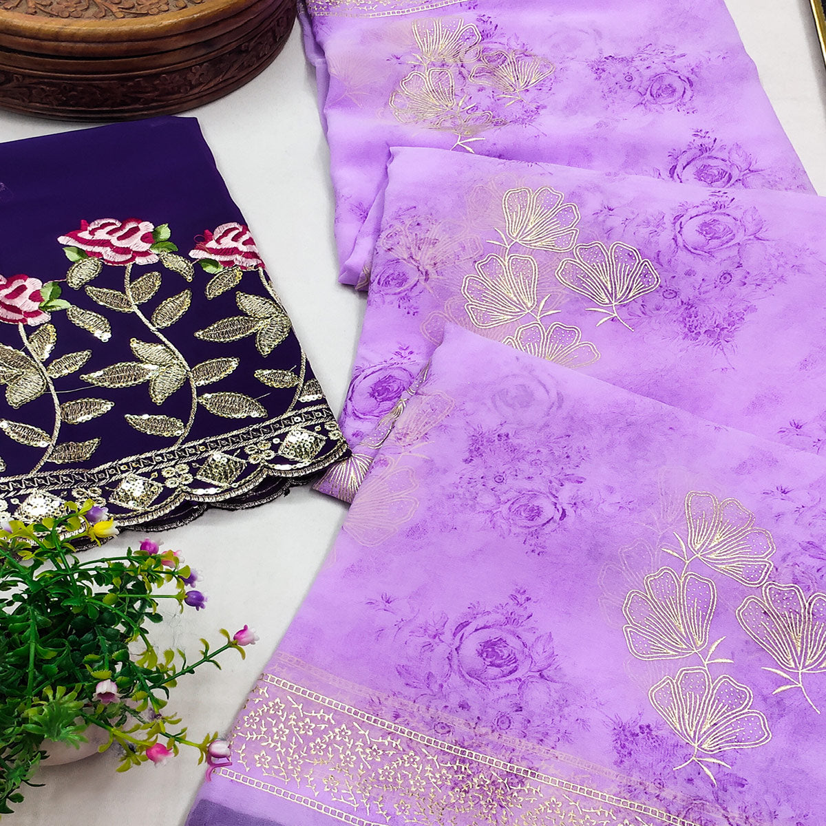 Purple Floral Printed Georgette Saree