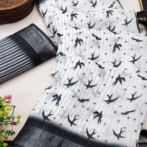 White & Black Linen Saree with Striking Abstract Prints for Everyday Elegance