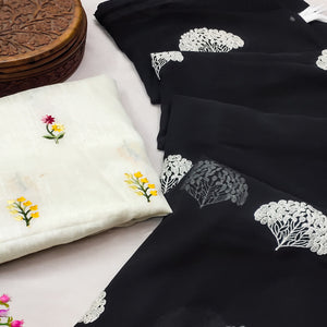 Black Thread Embroidered Georgette Saree With Tassels