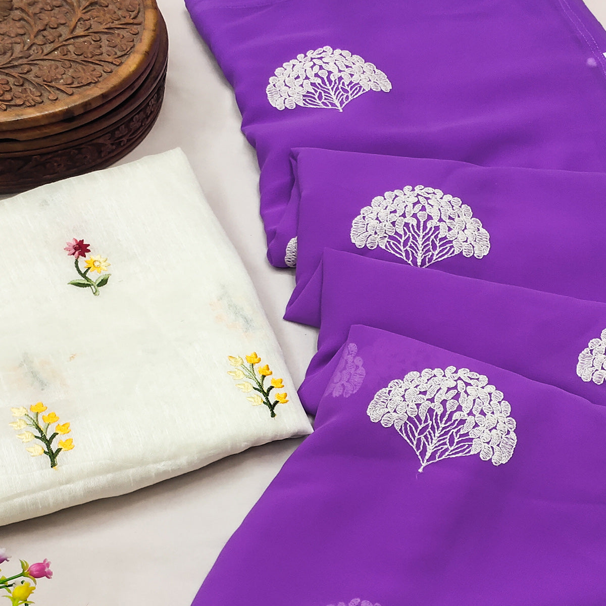 Purple Thread Embroidered Georgette Saree With Tassels