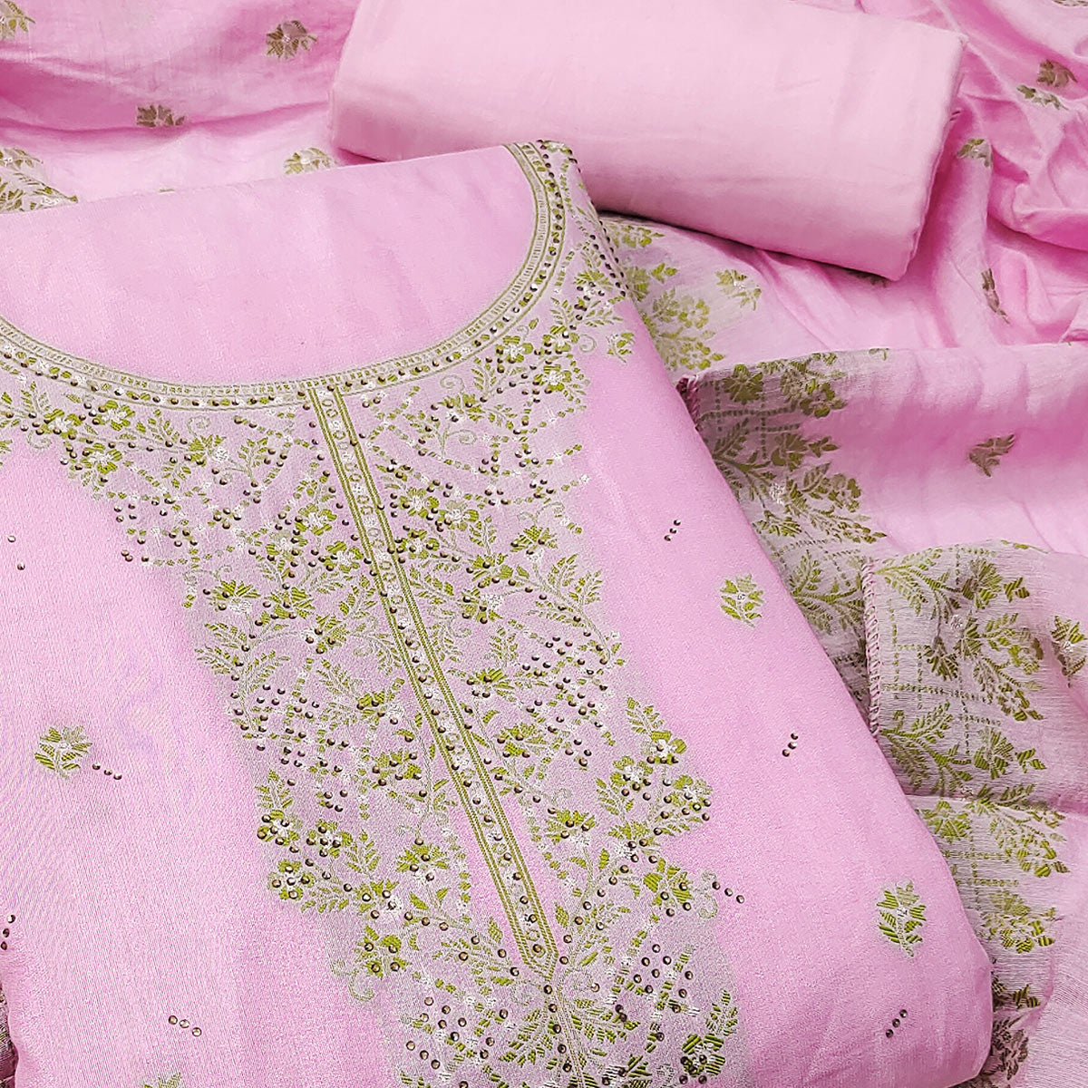 Pink Floral Banarasi Silk Dress Material with Rich Zari Weaving