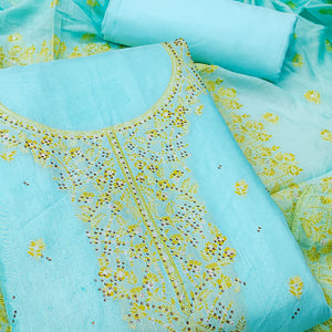 Sky Blue Floral Banarasi Silk Dress Material with Rich Zari Weaving