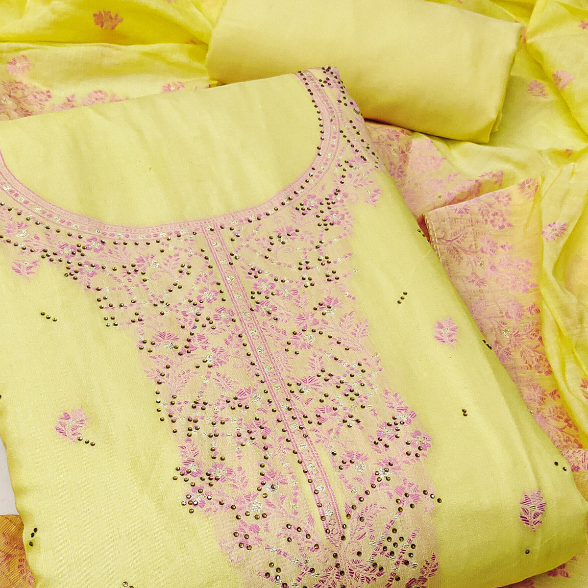 Yellow Floral Banarasi Silk Dress Material with Rich Zari Weaving