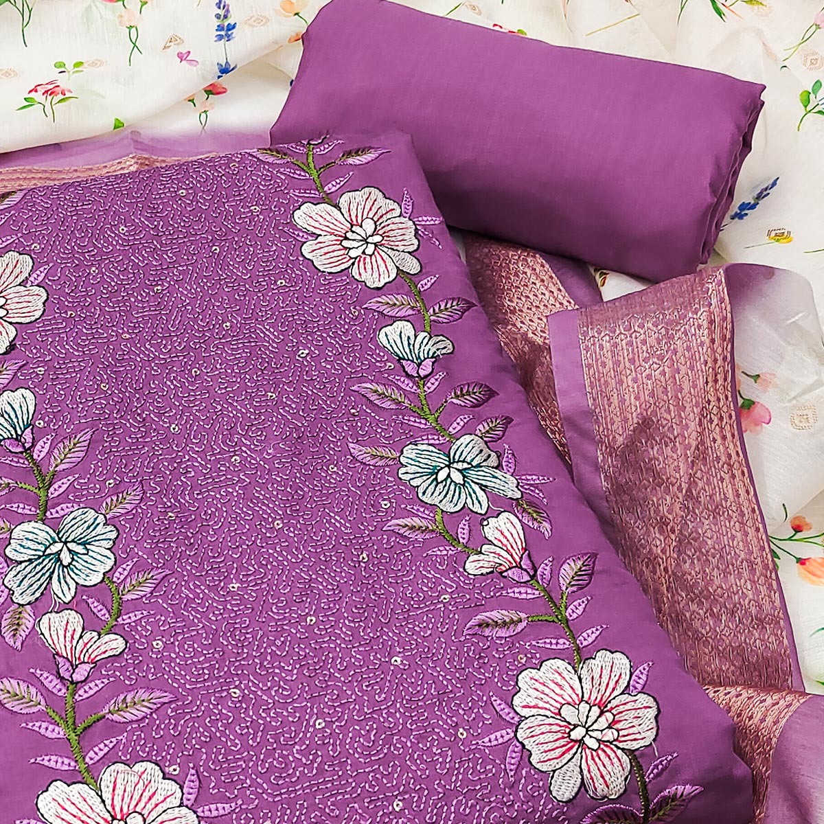 Purple Viscose Dress Material with Intricate Floral Embroidery