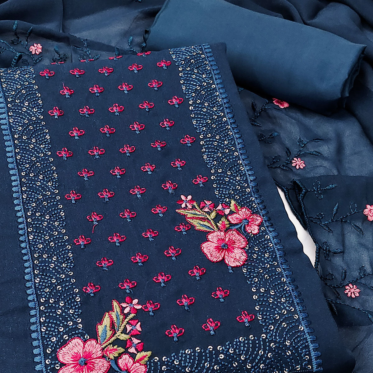 Designer Blue Georgette Fabric with Intricate Floral Embroidery