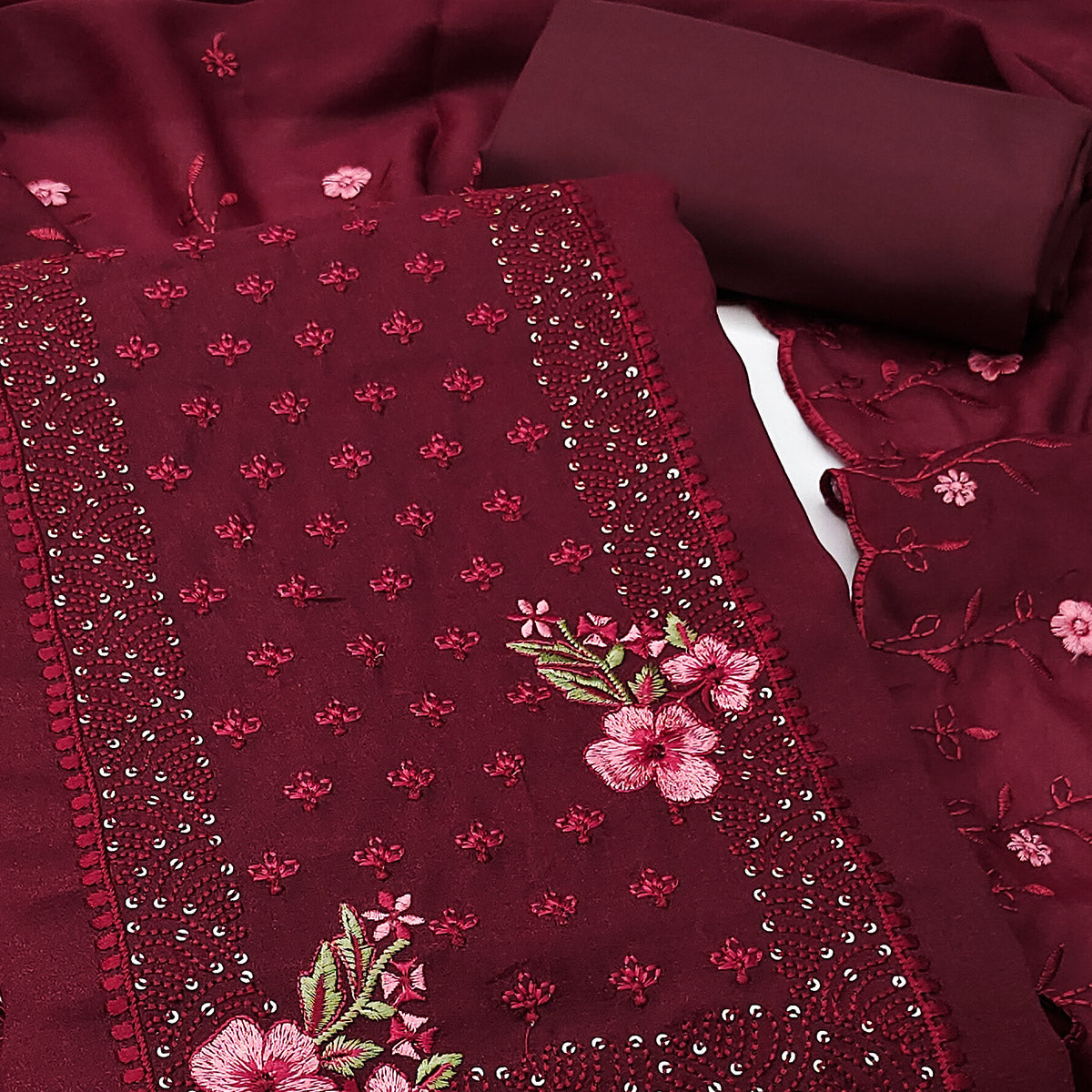 Designer Maroon Georgette Fabric with Intricate Floral Embroidery