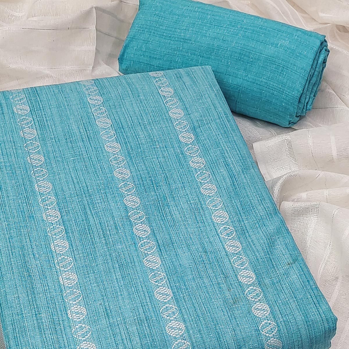 Intricate Weaving Work on Blue Pure Cotton Dress Material