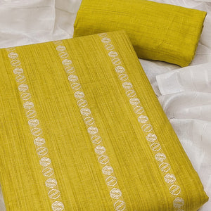 Intricate Weaving Work on Yellow Pure Cotton Dress Material