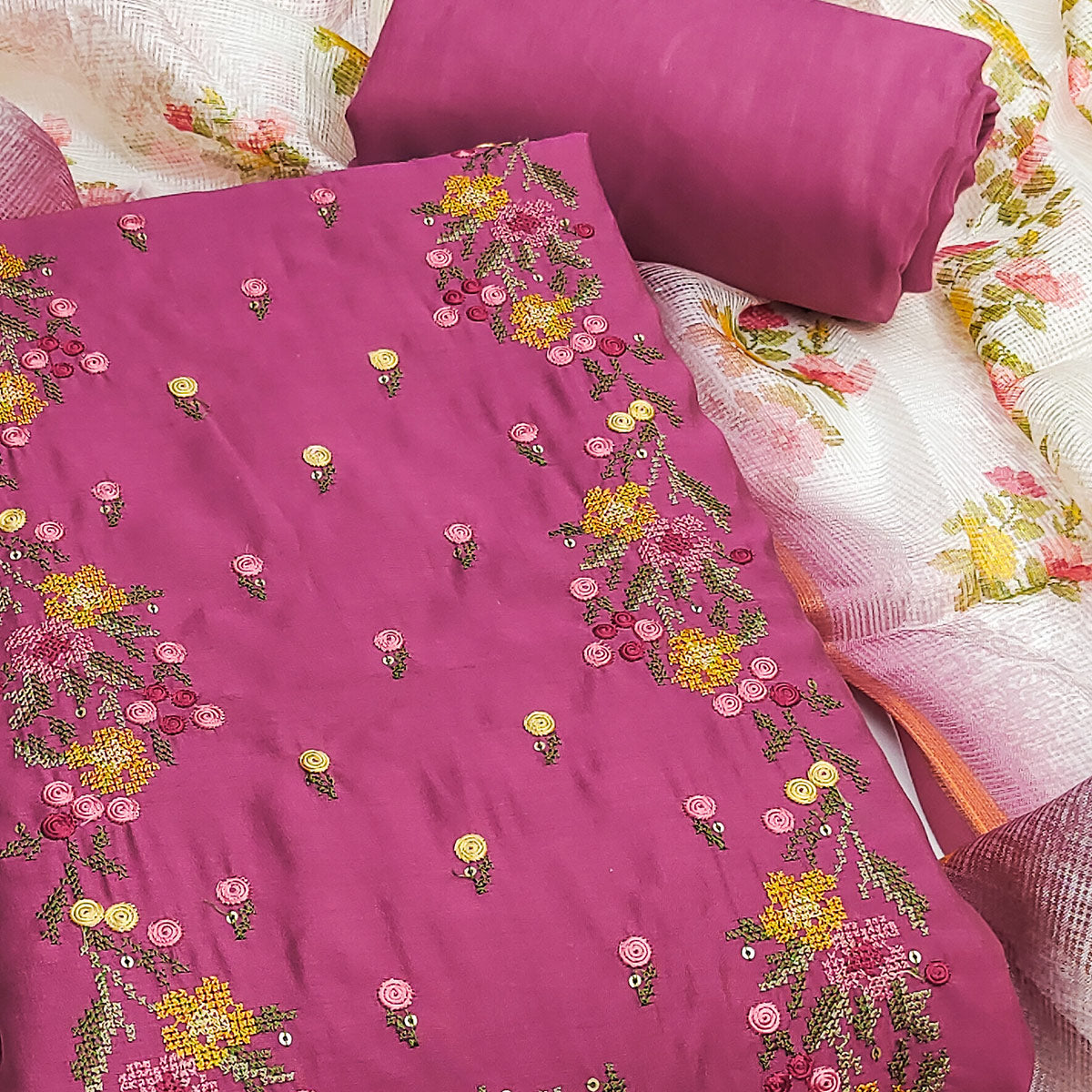 Pink Viscose Dress Material With Floral Embroidered Neckline