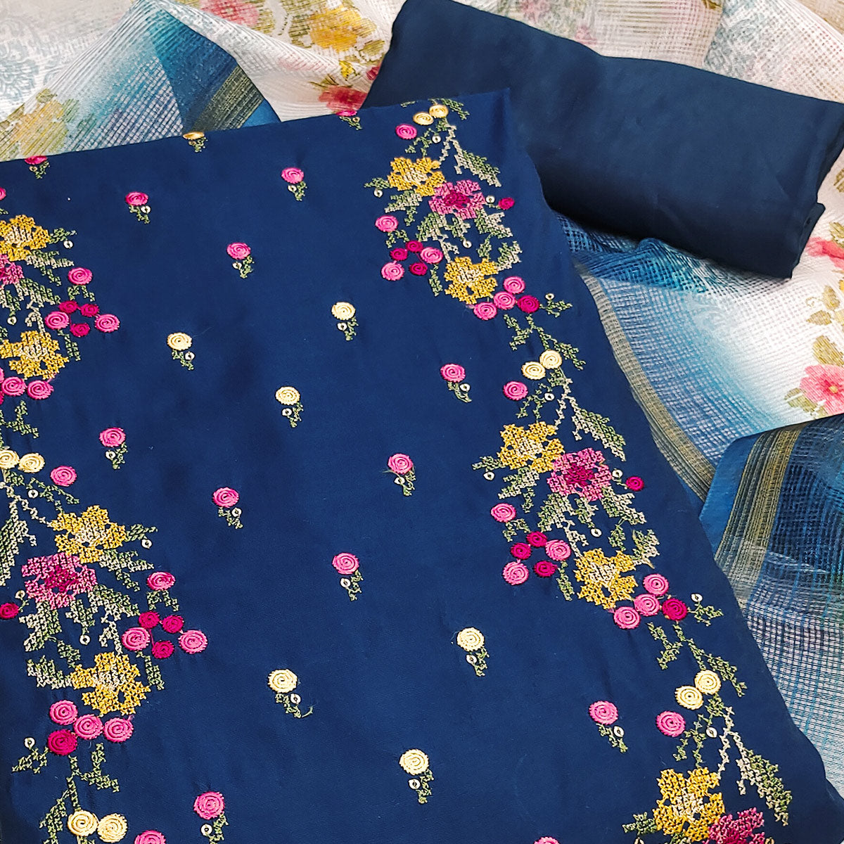 Teal Viscose Dress Material With Floral Embroidered Neckline