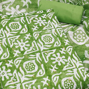 Green Traditional Batik Print on Linen Dress Material