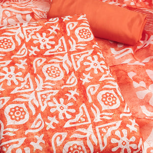 Orange Traditional Batik Print on Linen Dress Material