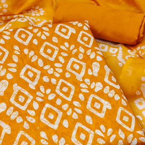 Mustard Yellow Chanderi Silk Dress Material With Traditional Batik Prints