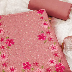 Dusty Rose Pink Delicate Floral Embroidery On Luxe Viscose Dress Material