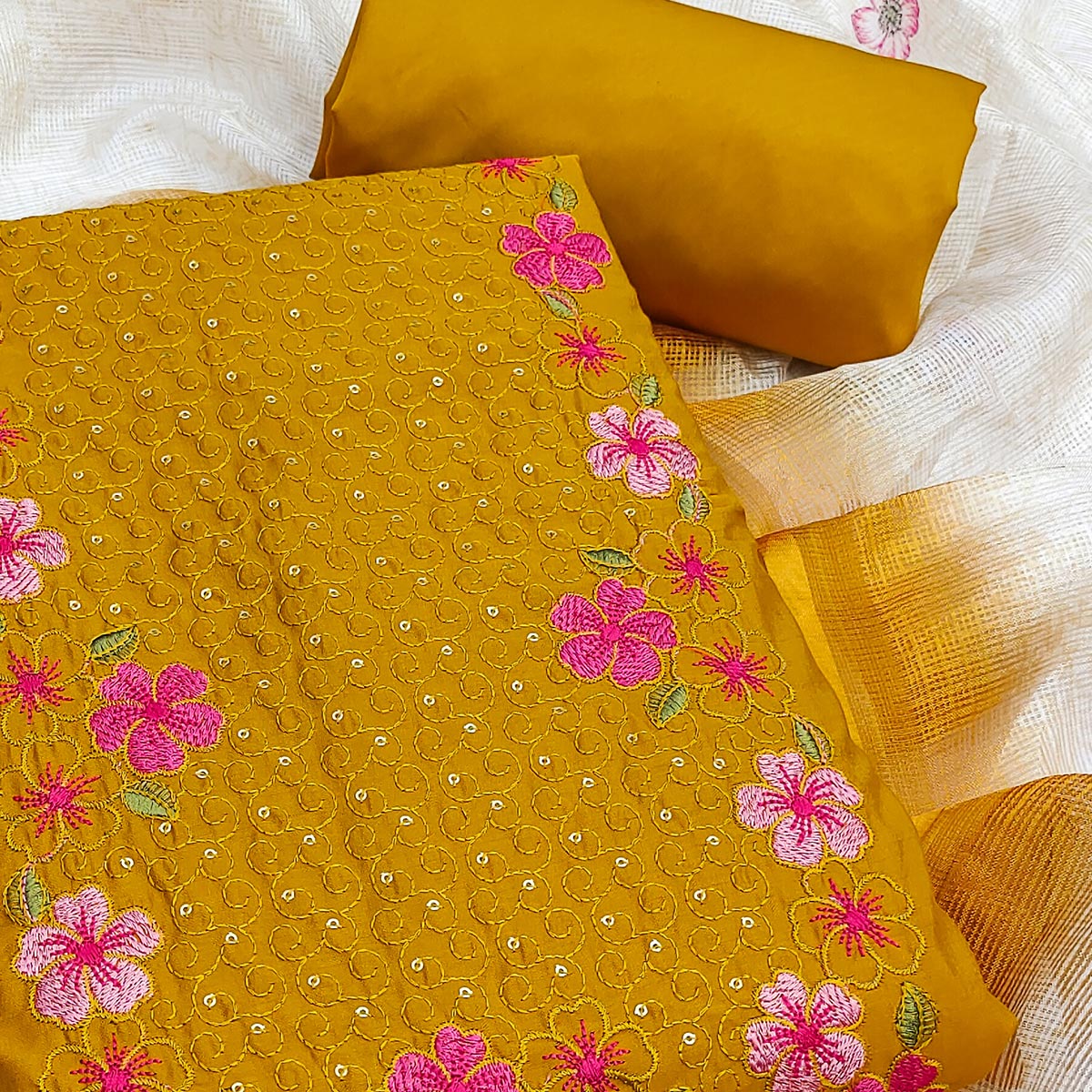 Mustard Delicate Floral Embroidery On Luxe Viscose Dress Material